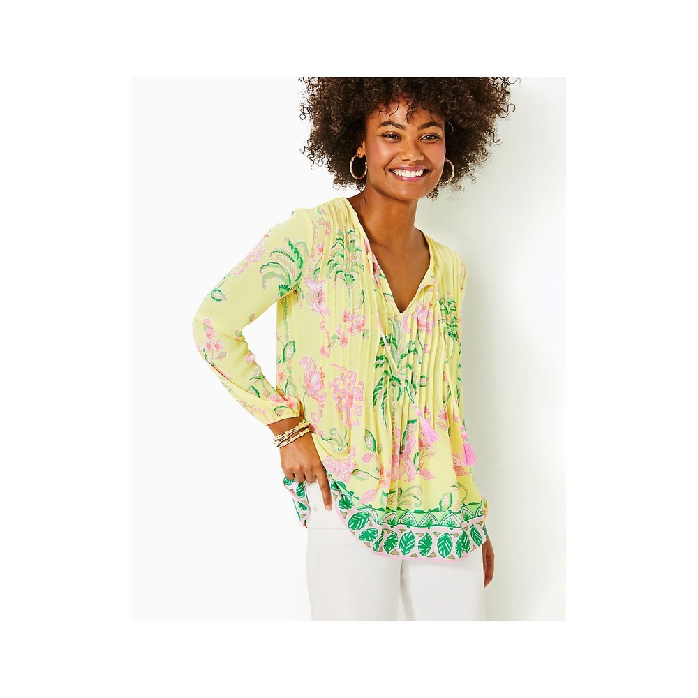 Lilly Pulitzer Elsa Top Yellow‎ Tropical Floral Pleated Tassel Blouse Medium